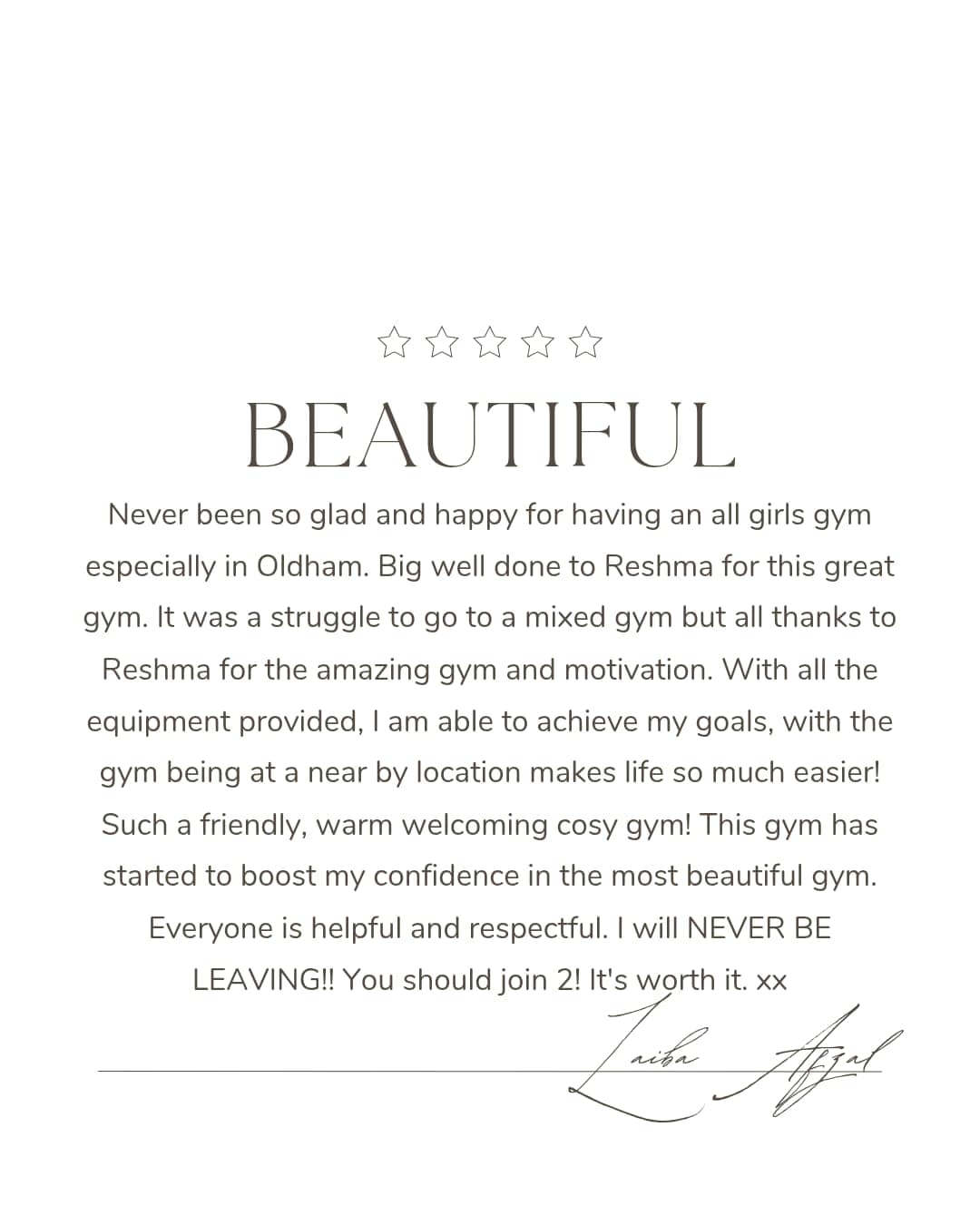 Testimonial from Laiba Afzal - Beautiful
